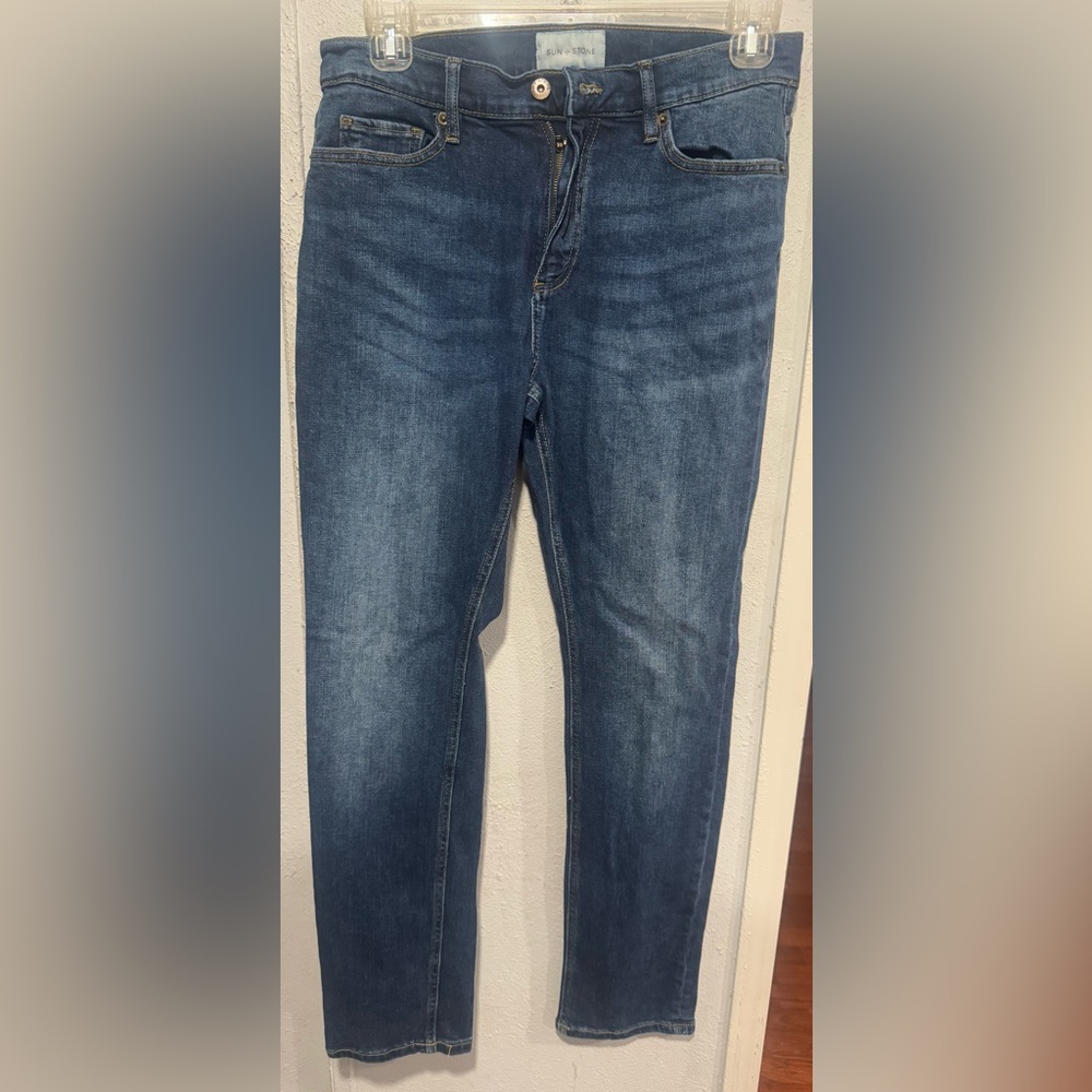 Sun + Stone Men’s Straight Leg Jeans in Medium Blue Wash